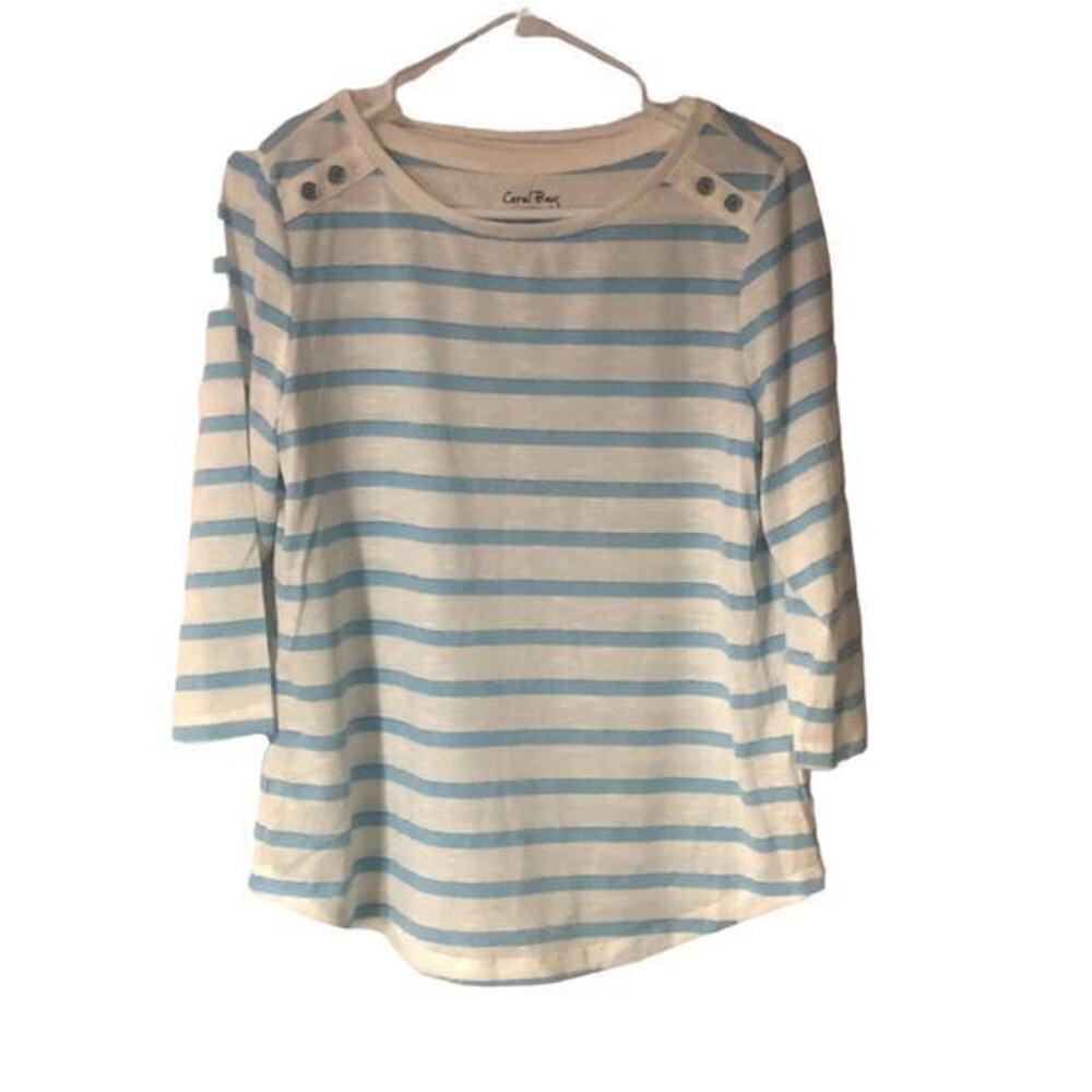 Coral Bay Womens 3/4 Sleeve Striped Pullover Top w Button Detail on Shoulders PM